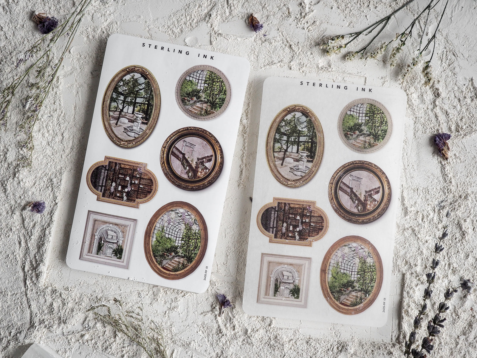 May 2024 sticker set with antique picture frames featuring charming round and rectangular clippings of lush, vintage architectural and nature scenes.