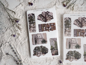 Set of torn paper stickers with distressed edges, featuring vintage architectural vignettes of windows, facades, and overgrown garden scenes.