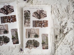 Vintage torn paper stickers featuring collage elements of sepia-toned ruined architecture, overgrown Parisian streets, and nostalgic urban decay designs.