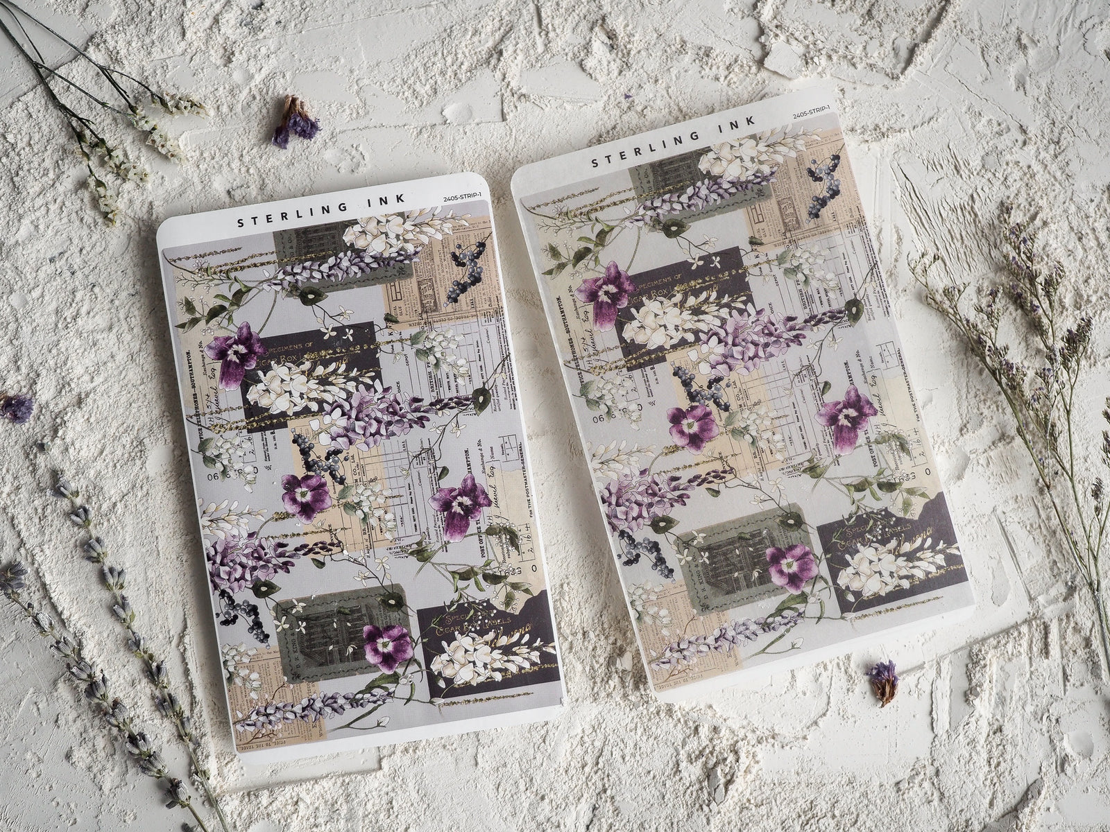 Vintage May 2024 sticker strips featuring a sophisticated calendar layout with distressed text and romantic watercolor purple floral accents.