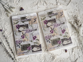 Vintage May 2024 sticker strips featuring a sophisticated calendar layout with distressed text and romantic watercolor purple floral accents.