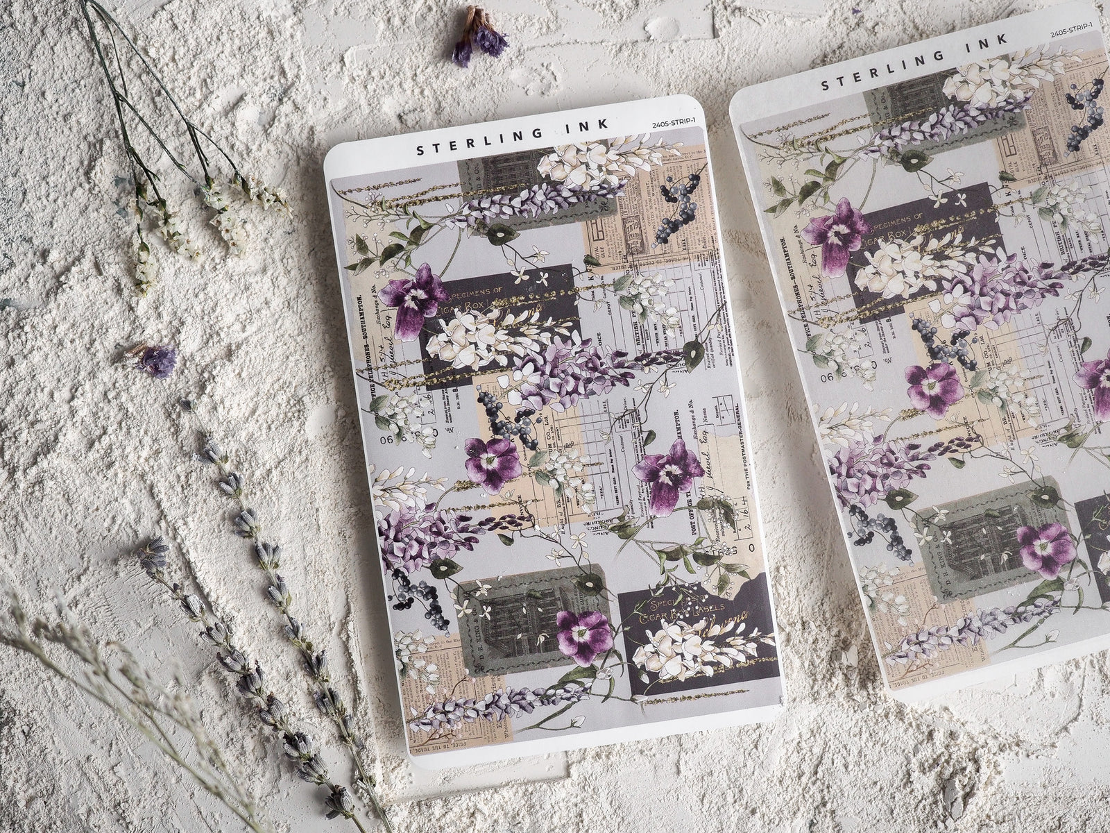 Scrapbook-themed thin strip stickers for May 2024, featuring delicate purple floral wreaths mixed with an antique, layered collage of aged paper textures.