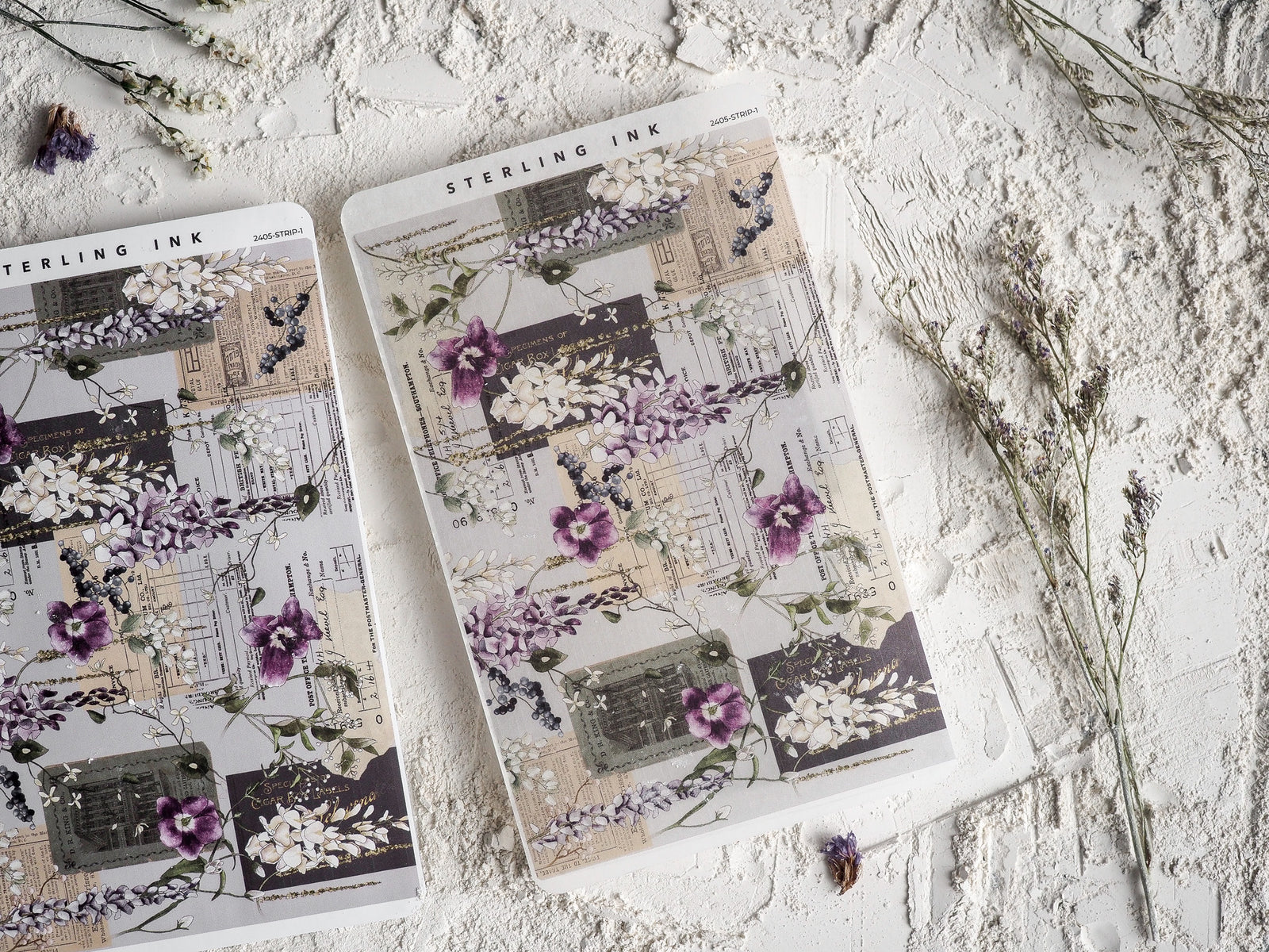 Decorative May 2024 planning sheets featuring vintage ephemera and delicate strips of purple and white floral patterns.