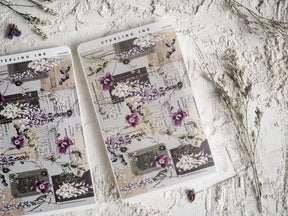 Decorative May 2024 planning sheets featuring vintage ephemera and delicate strips of purple and white floral patterns.