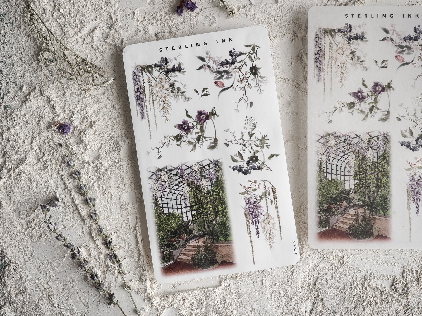May 2024 sticker sheet featuring elegant botanical arrangements, delicate purple floral illustrations, and charming greenhouse scenes for journaling.