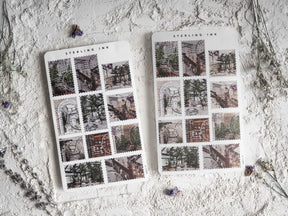 Vintage May 2024 stamp stickers featuring sepia-toned architectural sketches of elegant, historic buildings and intricate urban designs.