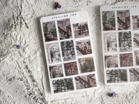 Vintage sticker sheet featuring a collage of monochromatic, travel-themed photographs of grand architecture, arched doorways, and lush forest paths.