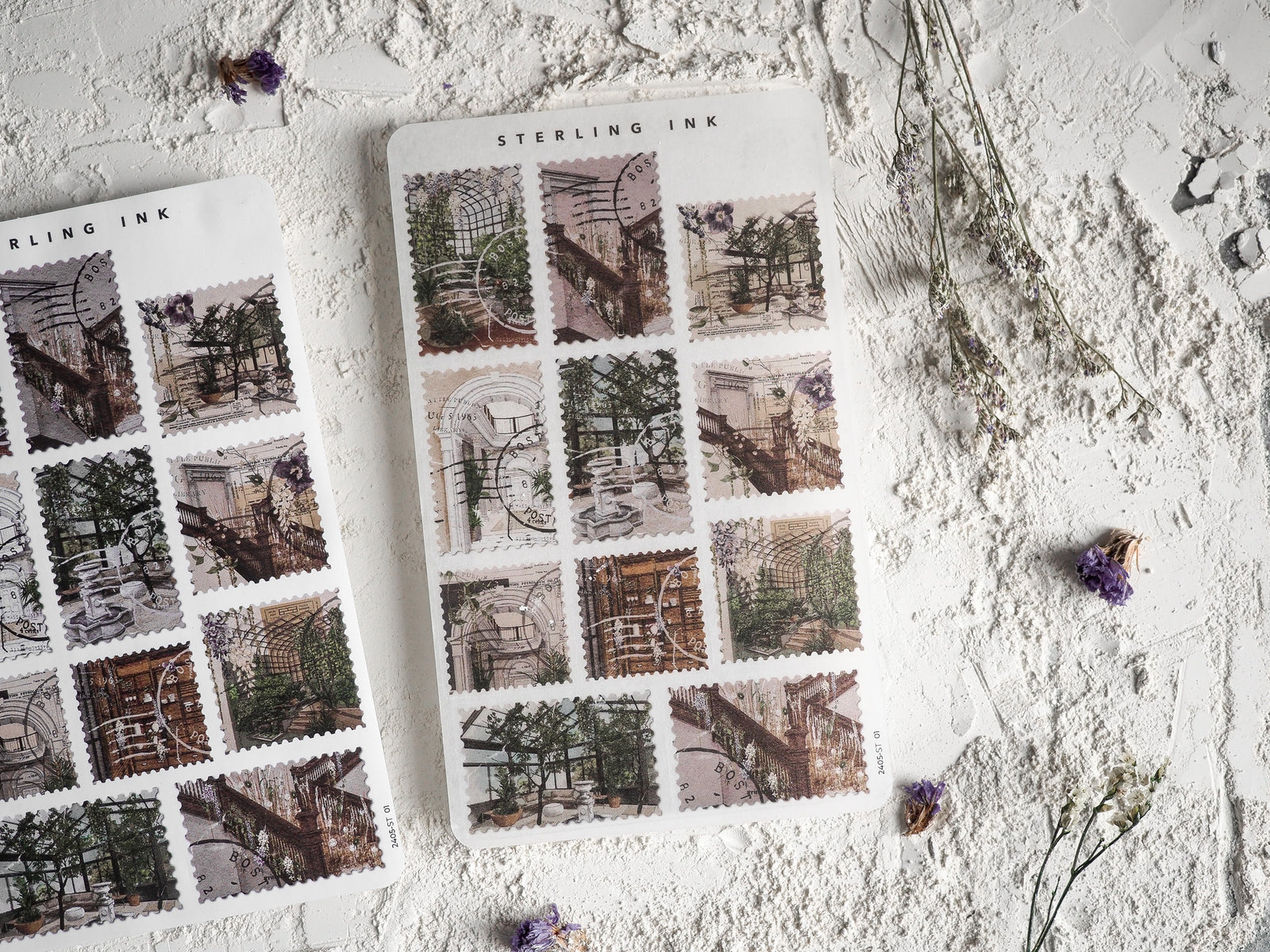 Sepia-toned sticker sheets featuring a grid of vintage architectural vignettes and detailed urban landscape scenes.