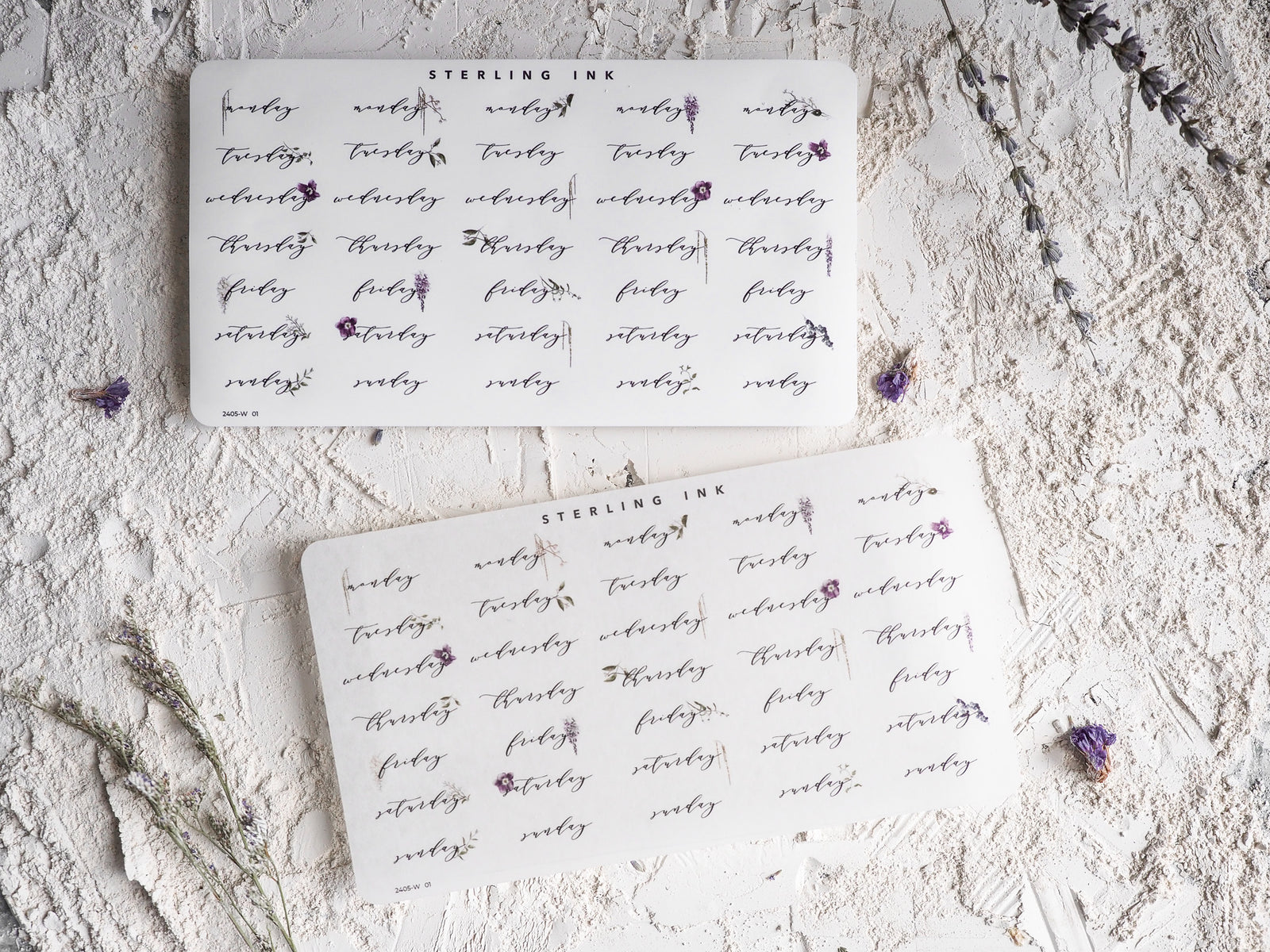Three delicate May 2024 weekly planner stickers featuring scripted date layouts and small purple floral accents, perfect for coordinating and journaling.