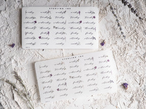 Three delicate May 2024 weekly planner stickers featuring scripted date layouts and small purple floral accents, perfect for coordinating and journaling.
