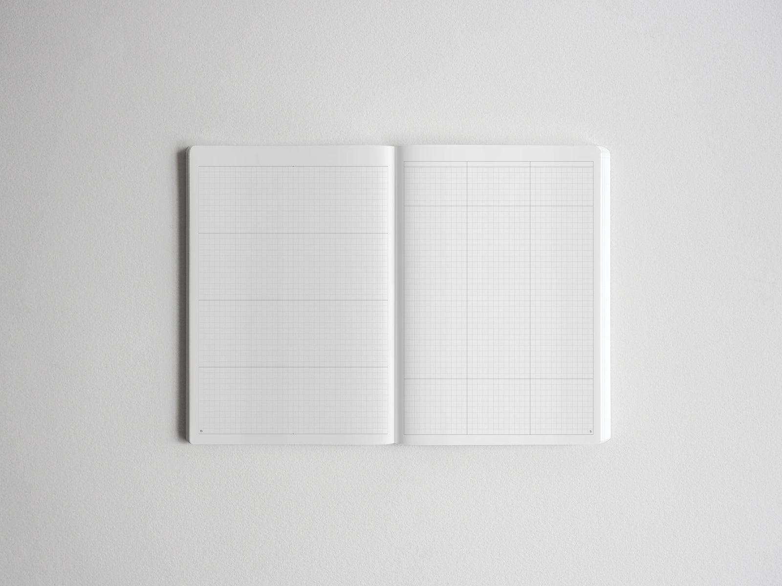 Open notepad featuring two distinct pages: a sectioned ruled page on the left and a square-grid graph page on the right, perfect for planning, journaling, and tracking.
