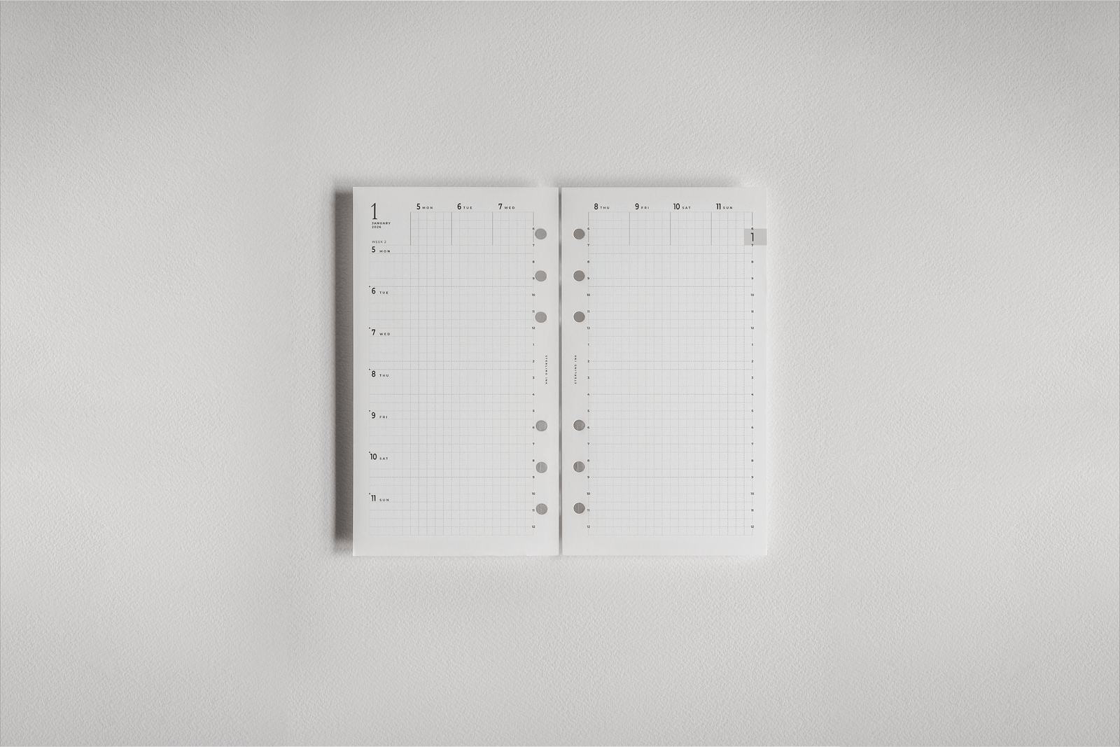 Clean white dated planner inserts featuring a structured, flexible weekly layout grid for organized planning from week 1 through week 11.