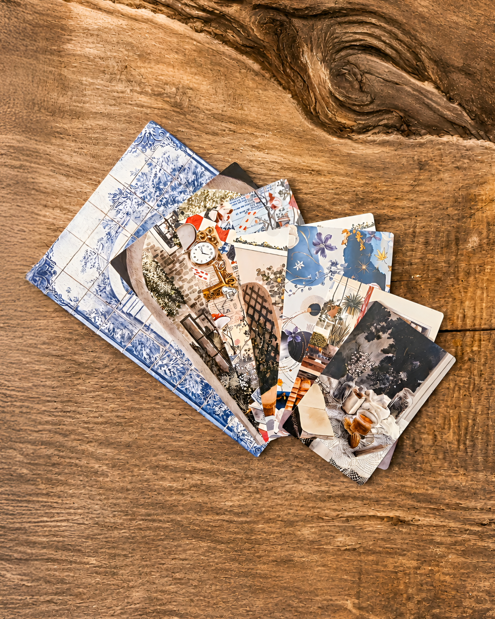 Assortment of vintage and floral scrapbook papers and planner stickers featuring intricate blue designs, European streets, clocks, and botanical motifs.