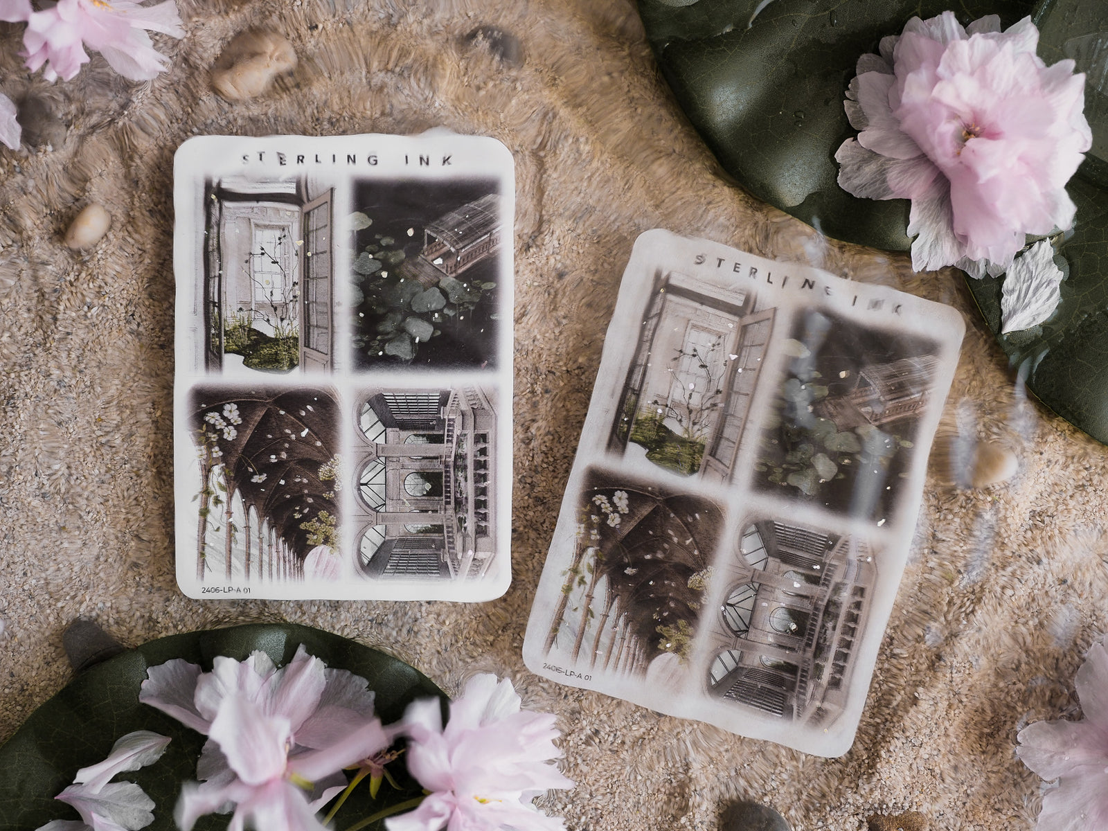 Set of large illustrated stickers featuring detailed architectural sketches, including doors, overgrown foliage, and vintage botanical designs.