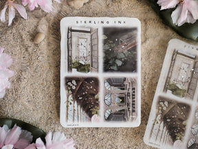 Vintage botanical sticker sheet featuring detailed, ornate architectural illustrations of glass conservatories and historical greenhouses.