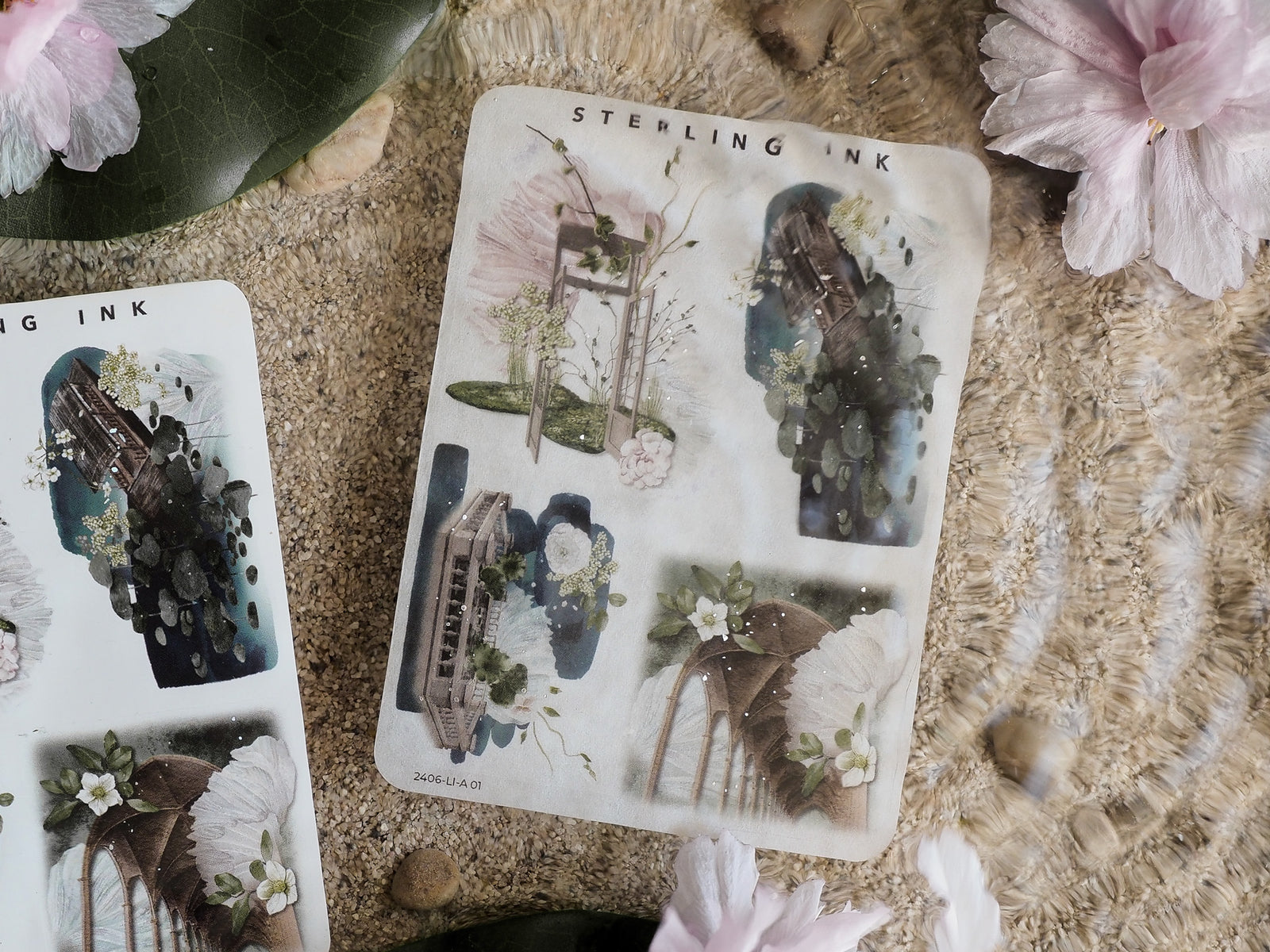 Watercolor sticker sheet featuring moody, detailed illustrations of overgrown architectural ruins, lush green foliage, and delicate white floral elements.