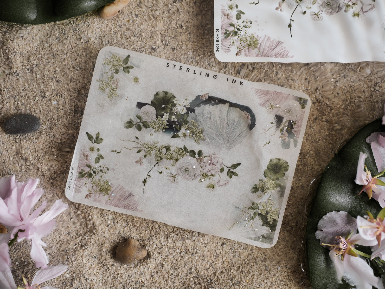 Elegant watercolor botanical sticker sheet featuring soft pink peonies and delicate greenery accents, highlighted with subtle holographic foil details.