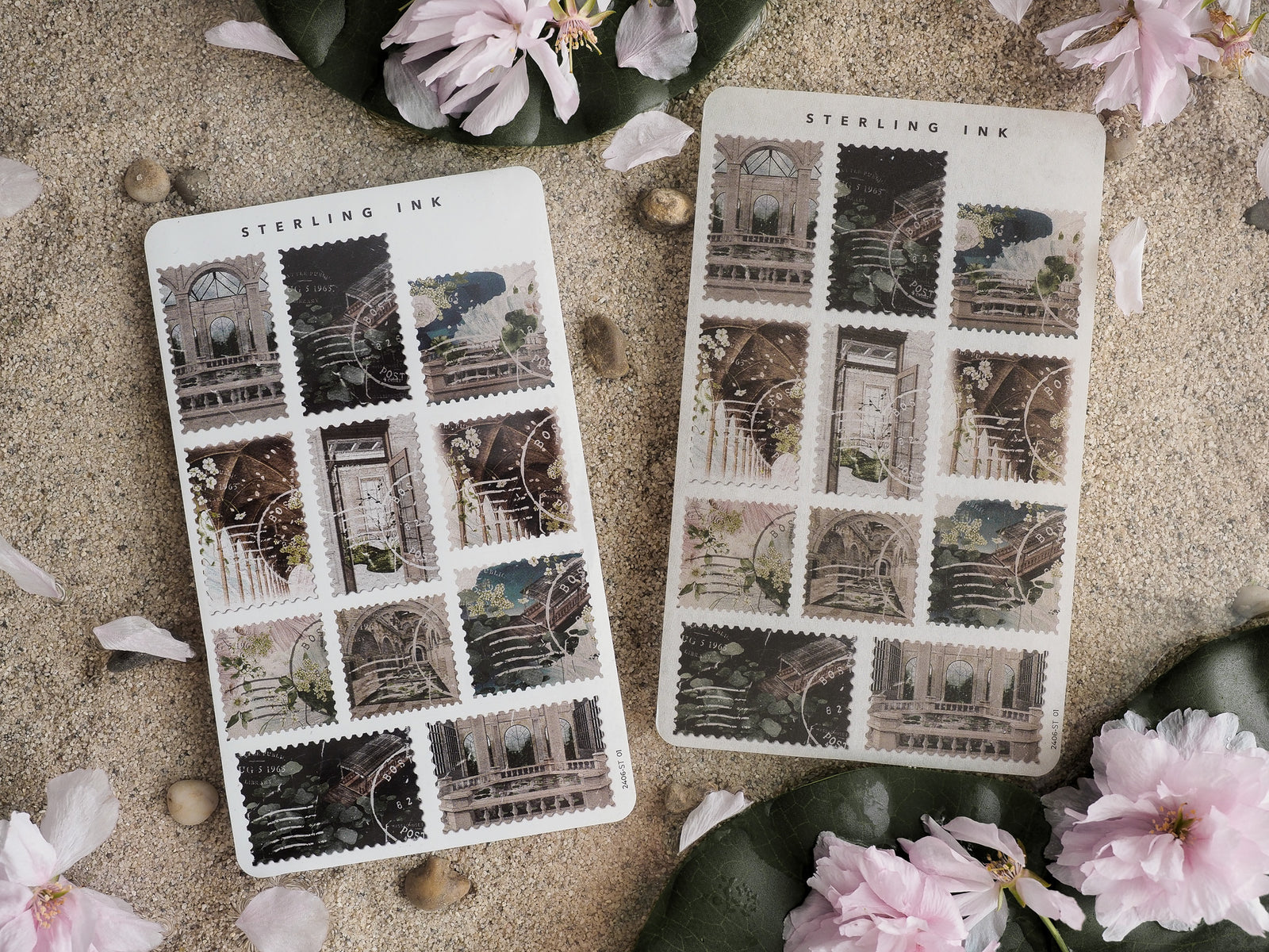 Vintage architectural sticker sheets featuring sepia-toned images of ornate arches, windows, and classical columns.