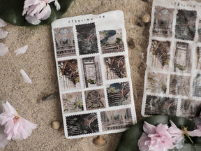 Vintage "Stamps Stickers" sheet featuring a grid of sepia-toned architectural stickers with repeating patterns of historical building facades, windows, and arches.