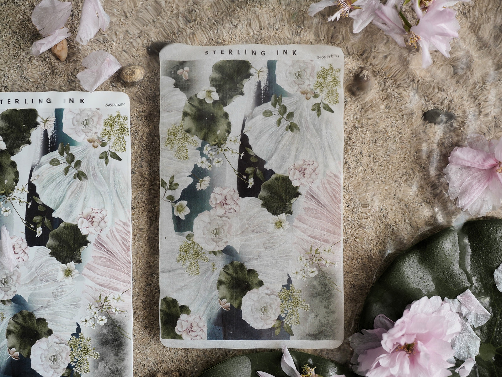 Thin strip stickers for June featuring a lush, romantic watercolor pattern of pale white peonies and deep emerald foliage.