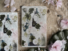 Thin strip stickers for June featuring a lush, romantic watercolor pattern of pale white peonies and deep emerald foliage.