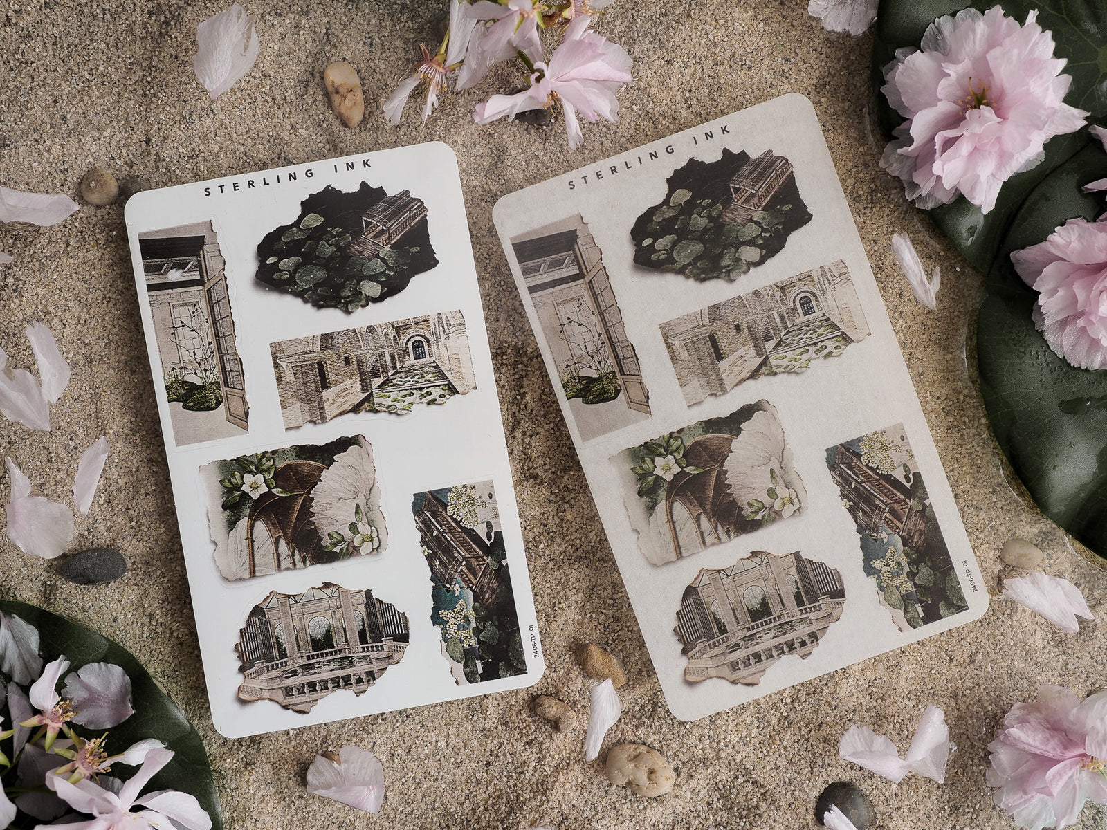 Two sheets of distressed vintage stickers with monochrome photos of crumbling historical architecture, featuring ruined arches and weathered stone facades.
