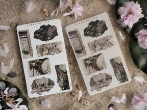 Two sheets of distressed vintage stickers with monochrome photos of crumbling historical architecture, featuring ruined arches and weathered stone facades.