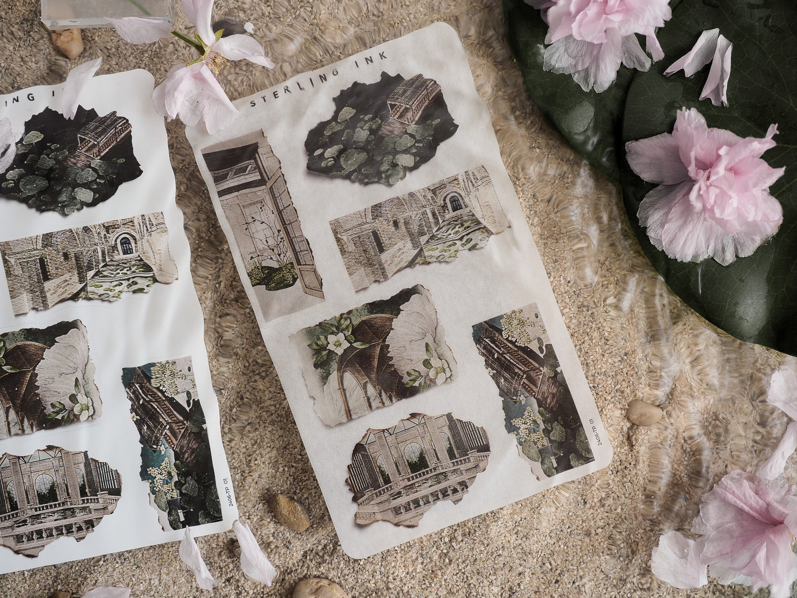 Sheet of June 2024 torn paper stickers featuring vintage, black-and-white illustrations of architectural ruins and historic stone structures.