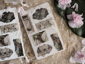 Sheet of June 2024 torn paper stickers featuring vintage, black-and-white illustrations of architectural ruins and historic stone structures.