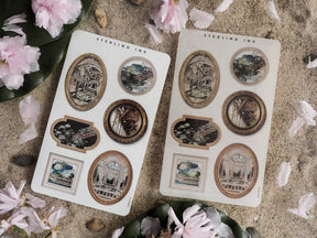 Set of June 2024 picture frame stickers featuring vintage, sepia-toned, distressed architectural photos in various ornate oval and rectangular frames.