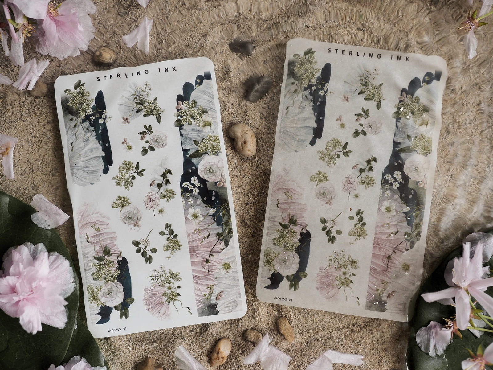 Watercolor washi strips with a romantic, delicate floral pattern featuring soft blush peonies, white blossoms, and lush green foliage.