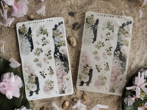 Watercolor washi strips with a romantic, delicate floral pattern featuring soft blush peonies, white blossoms, and lush green foliage.