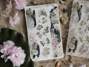 Delicate washi strip sticker sheet with a botanical pattern, featuring watercolor clusters of pale pink roses, green foliage, and dark teal accents.
