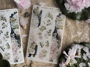Botanical washi sheet stickers featuring soft pastel pressed flowers, delicate ferns, and deep indigo accents, perfect for romantic journaling and scrapbooking.