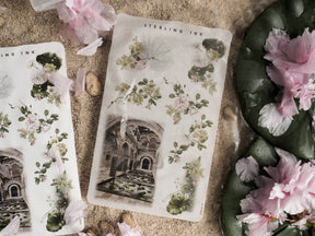 Vintage arrangement sticker sheets featuring delicate botanical illustrations and classic architectural etchings, ready for June 2024 journaling.