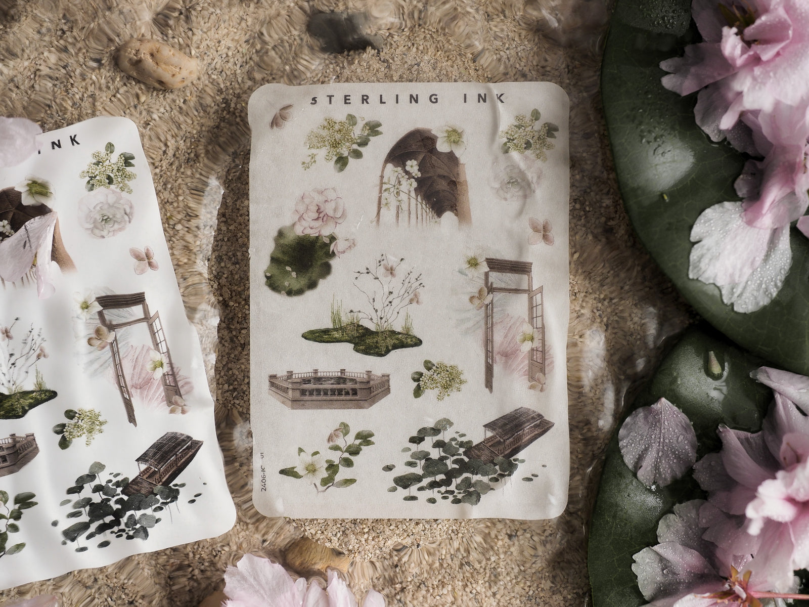 Detailed, sepia-toned mini icon stickers featuring whimsical elements like classical architecture, decorative bridges, and lush natural foliage for journaling.