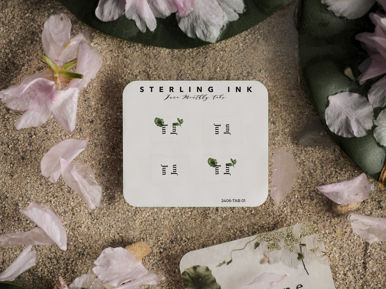 Botanical monthly planner tabs for June 2024, featuring a clean design with delicate green leaf illustrations and headers for seamless seasonal organization.