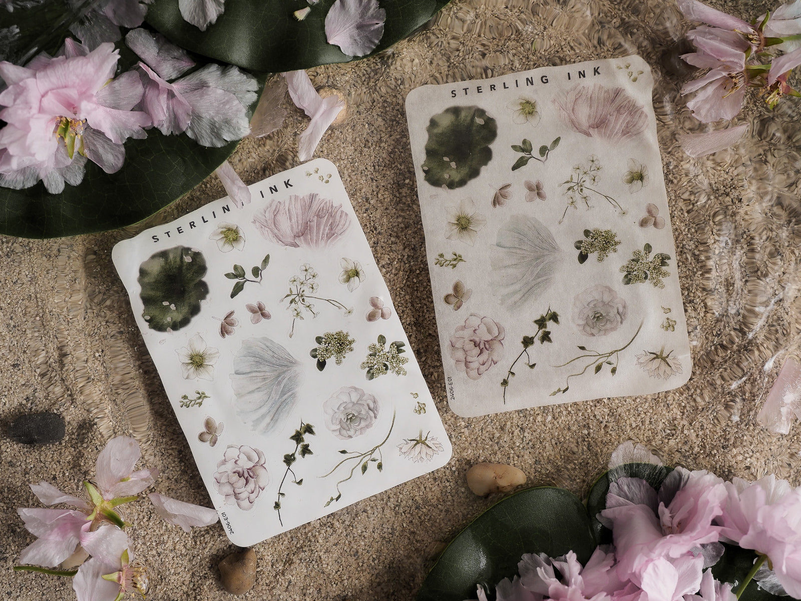 Botanical Elements stickers for June 2024, featuring watercolor illustrations of delicate pink flowers, muted green leaves, butterflies, and various natural flora.