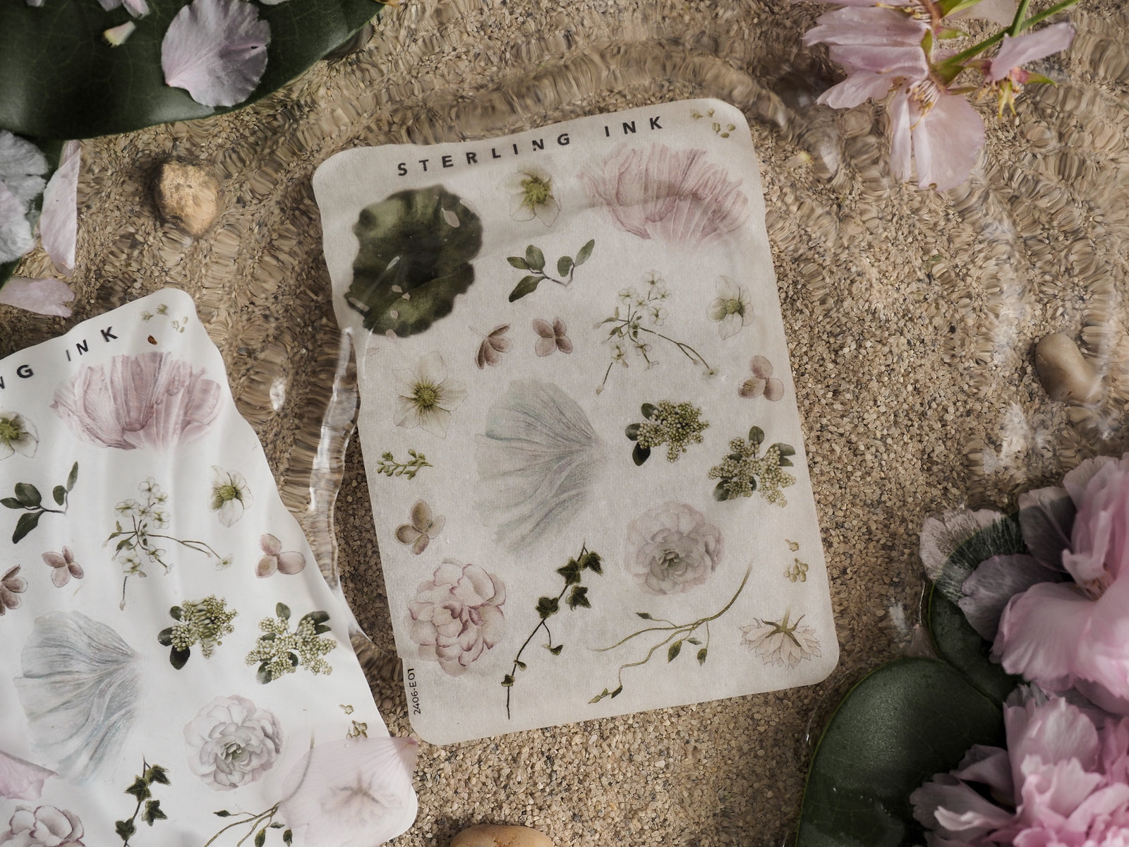 Botanical sticker sheet showcasing detailed illustrations of flowers, leaves, and elements in soft, natural, and pastel tones.