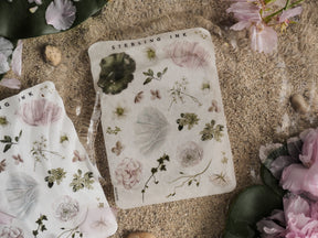 Botanical sticker sheet showcasing detailed illustrations of flowers, leaves, and elements in soft, natural, and pastel tones.