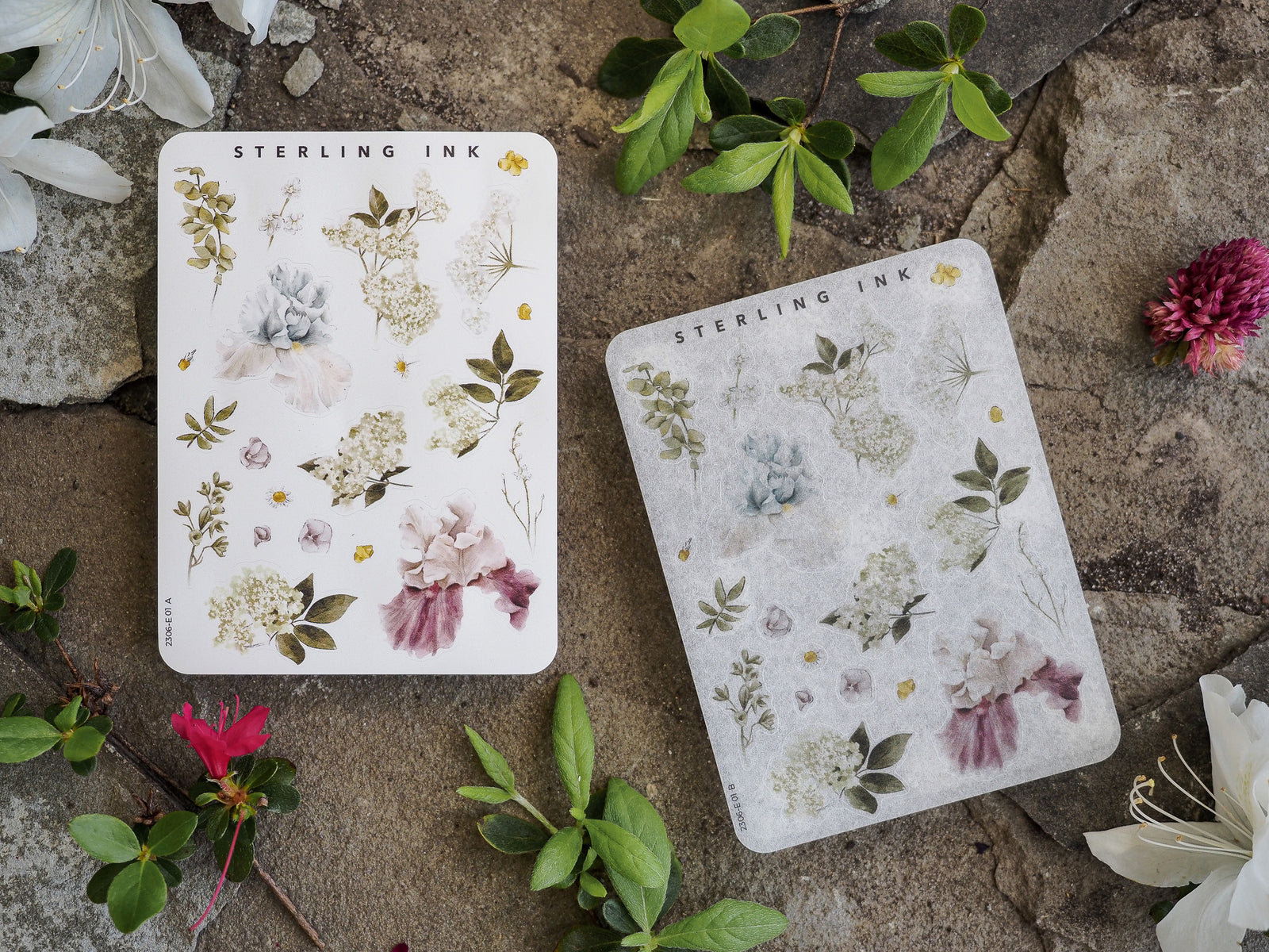 Two sticker sheets displaying various watercolor botanical illustrations of floral elements in muted dusty pink, pale blue, and sage green tones.