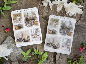 Large silver foil sticker sheets featuring "STERLING INK" and decorative grids of vintage illustrations showcasing domestic, apothecary, and interior design scenes.