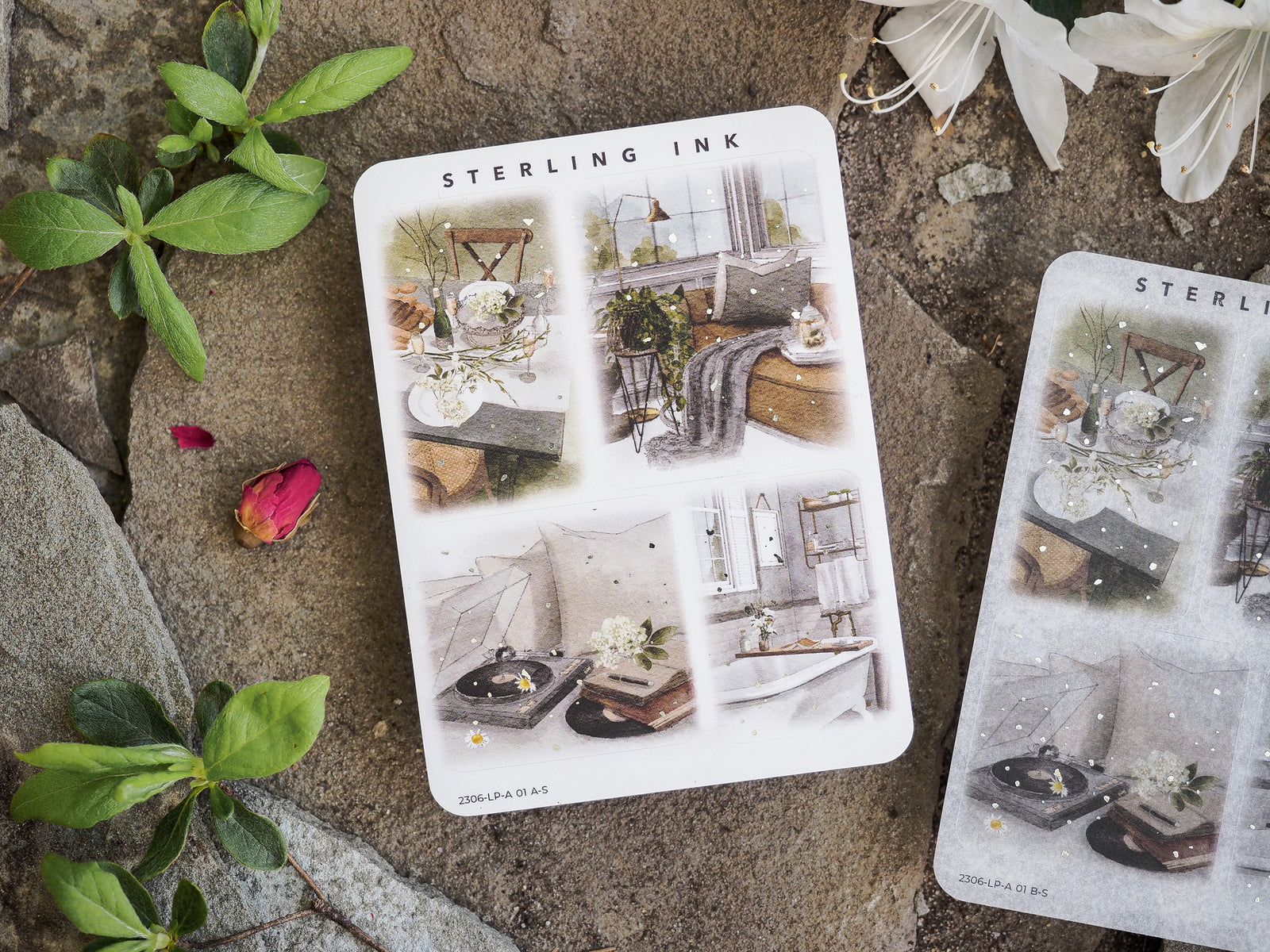 Detailed sticker sheets featuring delicate watercolor illustrations of cozy, sunlit interiors, rustic home vignettes, and charming decorative scenes.
