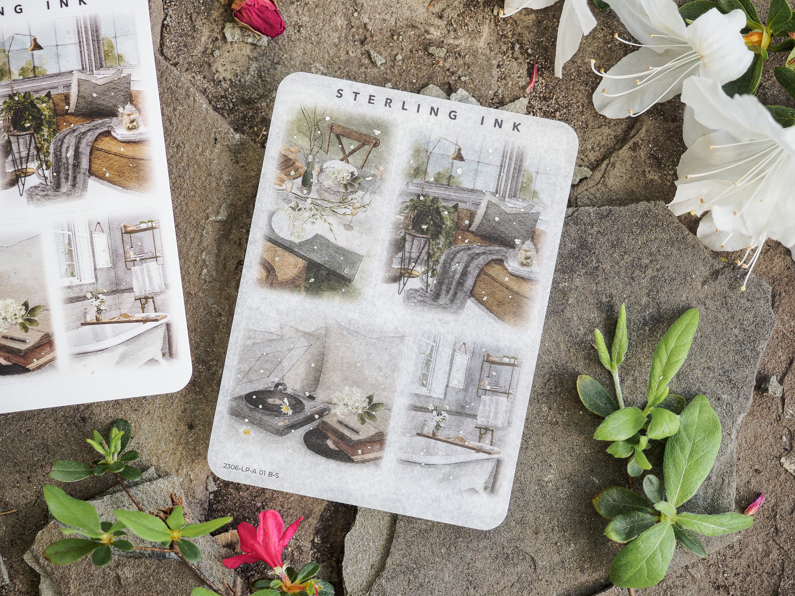Sticker sets featuring romantic, detailed illustrations of vintage bedrooms and bathrooms, perfect for scrapbooking or journaling.