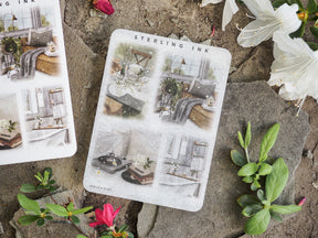 Sticker sets featuring romantic, detailed illustrations of vintage bedrooms and bathrooms, perfect for scrapbooking or journaling.