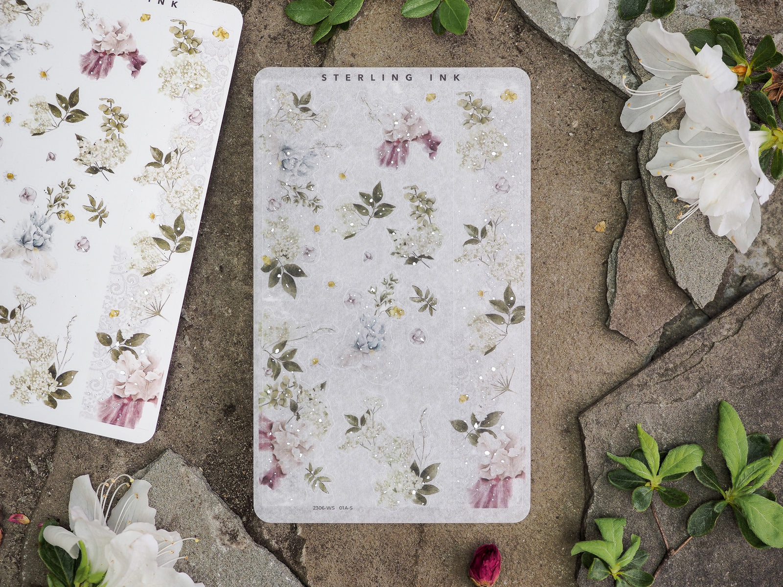 Delicate floral sticker collection featuring pastel watercolor blooms, soft greenery, and subtle gold speckling, perfect for journal decorating.