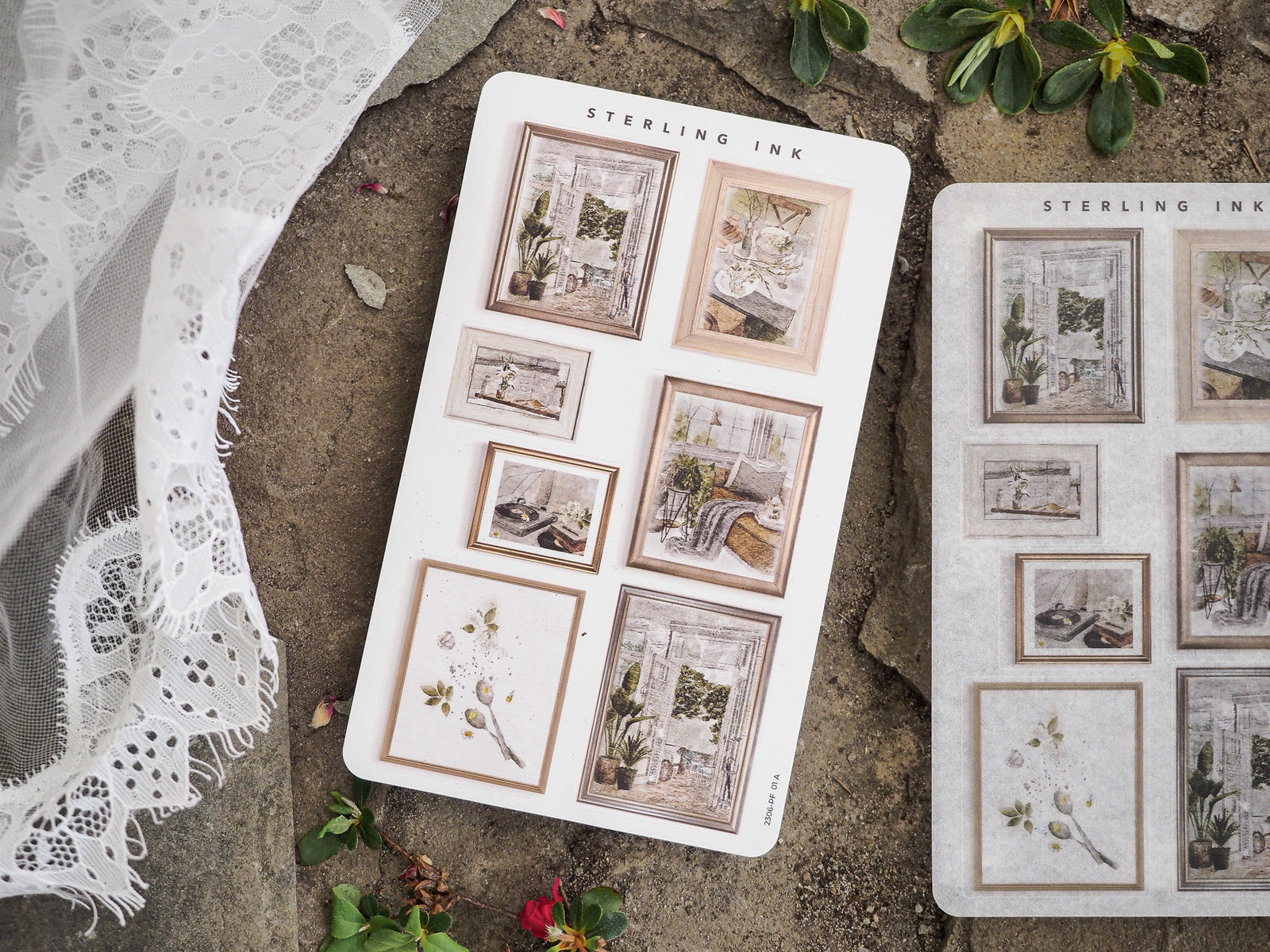 Muted picture frame stickers designed for journaling, featuring assorted vintage borders and delicate botanical artwork scenes.