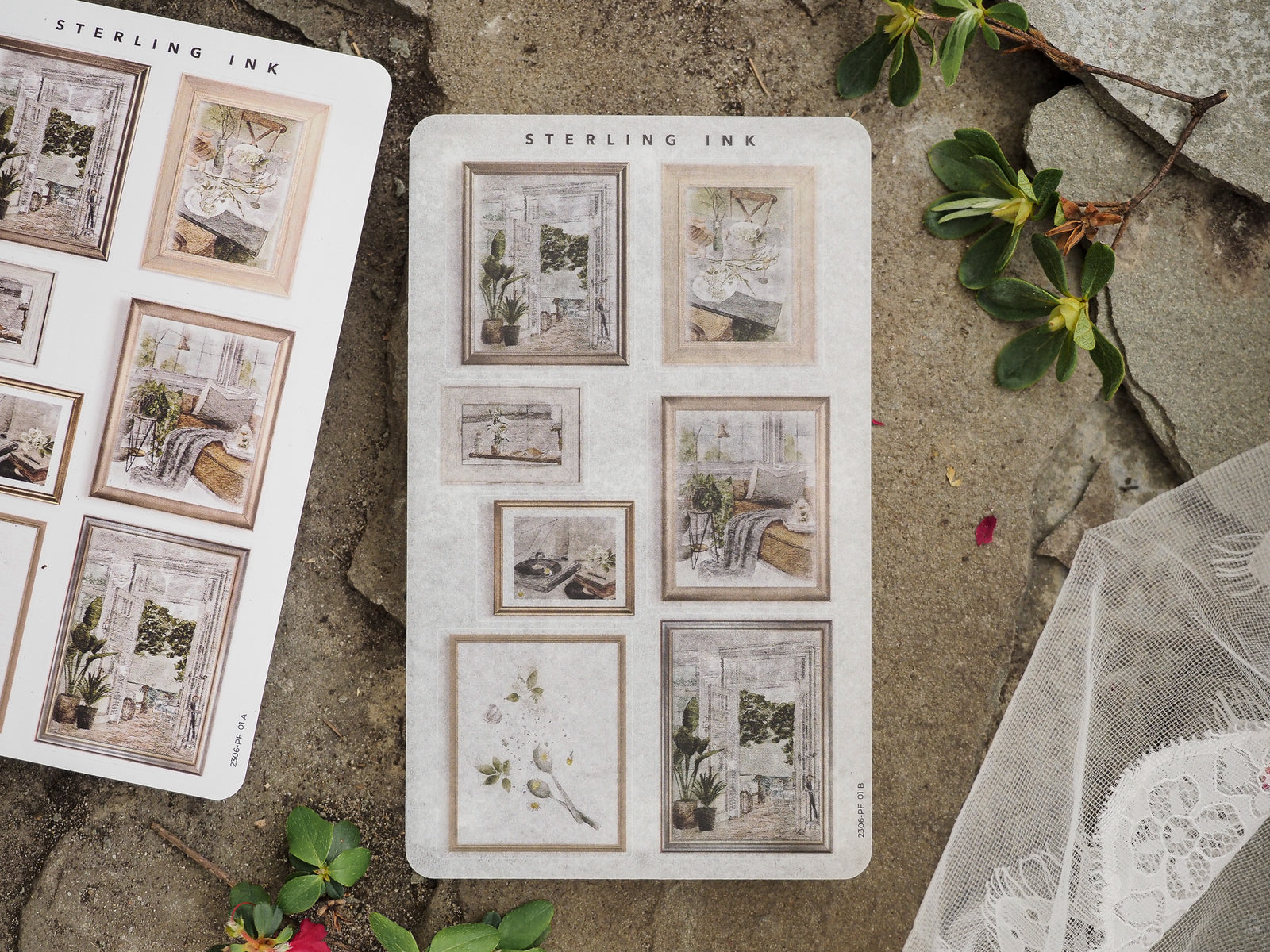 Assortment of sepia-toned sticker sheets featuring vintage framed pictures and nostalgic illustrations of cozy, rustic interiors.