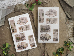 Vintage set of sepia-toned "Torn Paper Stickers" featuring rustic, detailed architectural and domestic interior scenes on a distressed paper background.