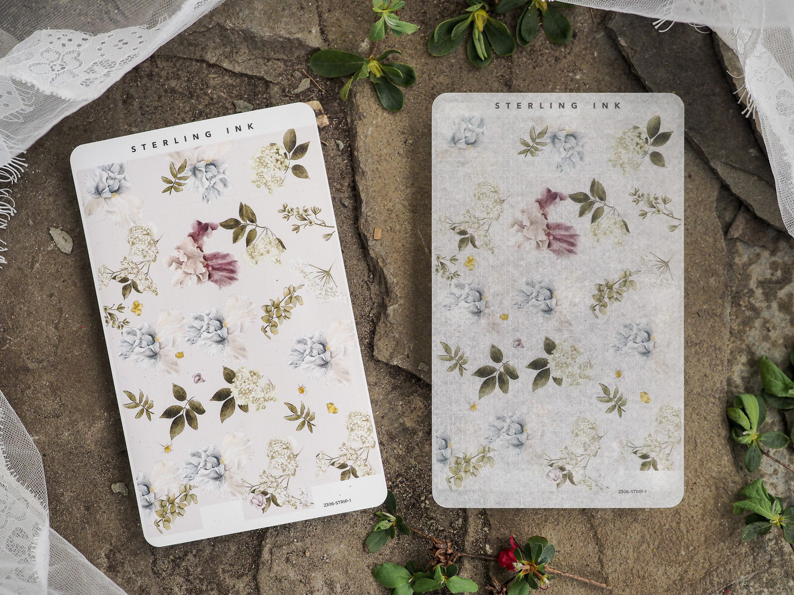 Thin strip stickers featuring delicate botanical illustrations of soft blue, pink, and cream wildflowers mixed with green foliage.